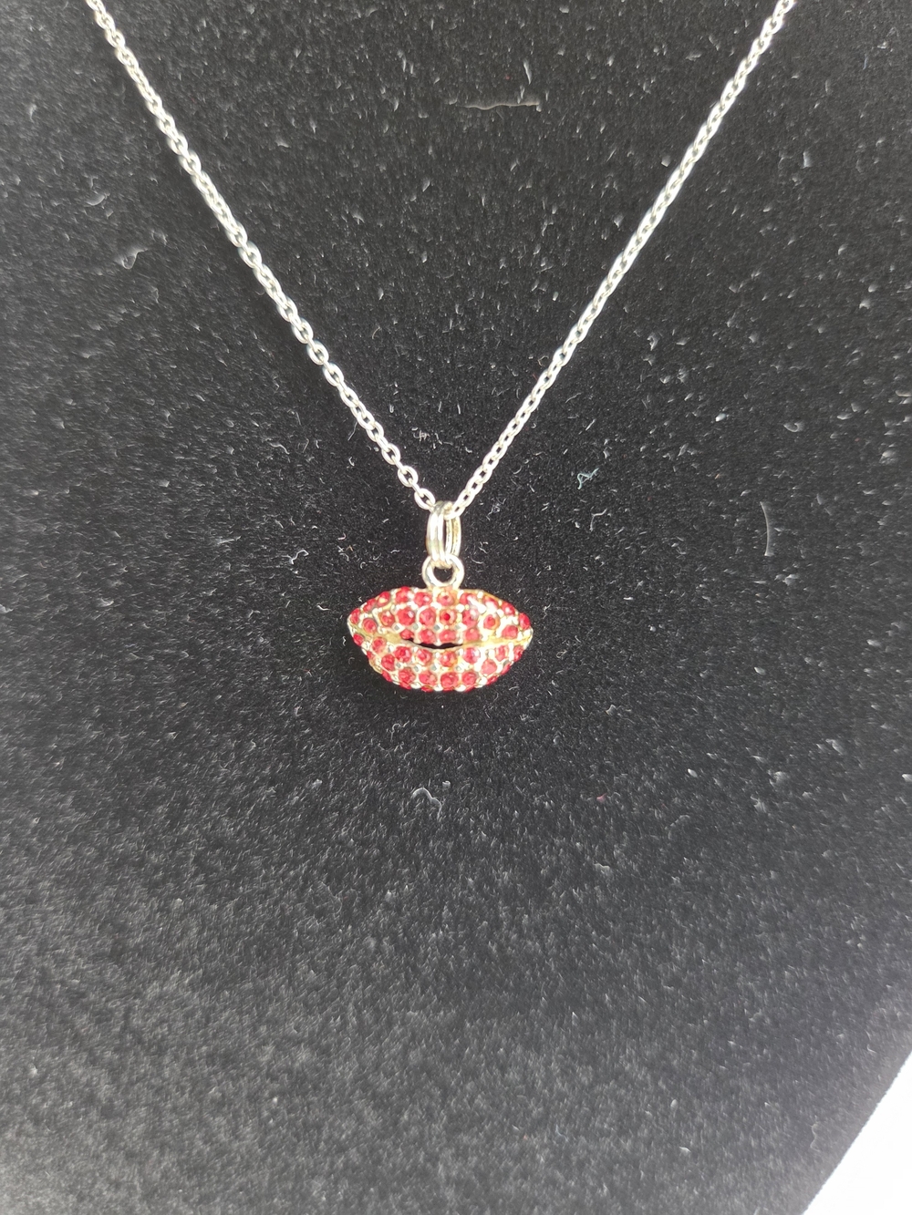 Sterling Silver Necklace with Red Crystal Lip Pendant